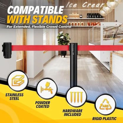 Flexzion Crowd Control Retractable Belt Barrier - 10Ft 3m Wall Mounted Safety Barrier Belt, Queue Line Dividers with Nylon Rope Belt & Sturdy Steel Red Case for Indoor/Outdoor Use - size: 1 Pack