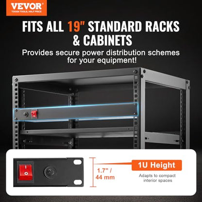 VEVOR 8 Outlet Horizontal 1U Rack Mount PDU Power Strip for Network Server Racks, Surge Protection & Overload Protection, 110-125V/15A, with 6ft 14AWG Power Cord - style: 8 Outlet-Individual Switches