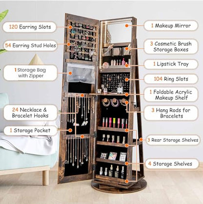LOKO 360° Swivel Jewelry Cabinet, Lockable Jewelry Organizer (Rustic Brown) - color: Rustic Brown
