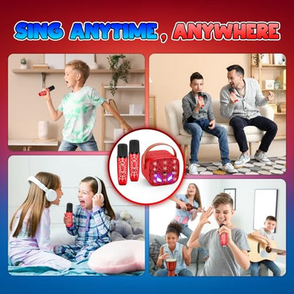 Mini Karaoke Machine Toys Gifts: Kids Toys Birthday Gifts for 4 5 6 7 8 9 Years Old Girl Boy LED Portable Bluetooth Speaker with 2 Wireless Microphone Girl Gift Age 3-12+ - color: Red