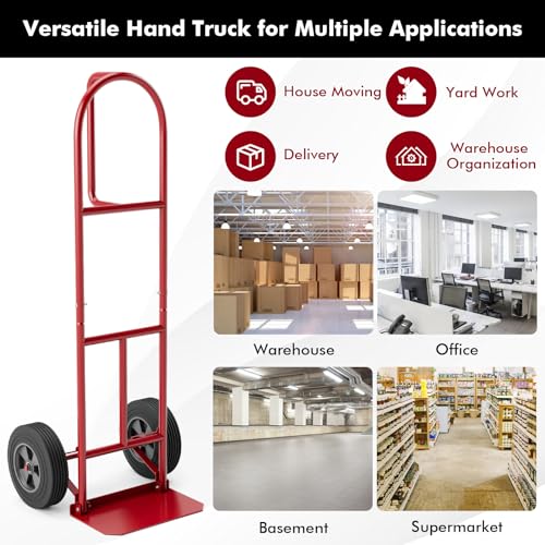 Goplus Hand Truck, P-Handle Hand Truck Dolly with Vertical Loop Handle, 10” Wheels, 15” x 9” Foldable Nose Plate, 660 LBS Capacity, Heavy Duty Metal Dolly Cart for Lifting, Moving, Delivery, Stairs - style: Round Handle-Red