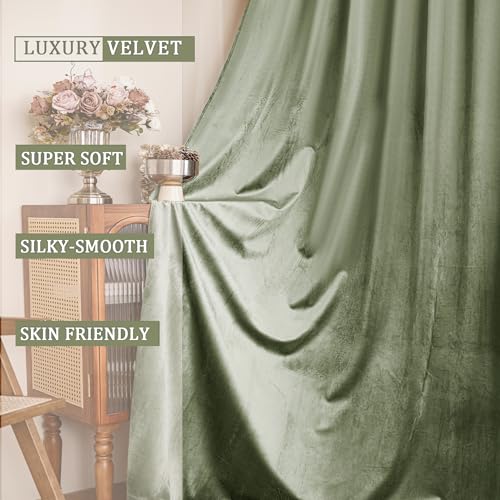 YOFUN 84 inches 2 Panels, Sage Green Blackout Luxury Velvet Curtains Thermal Insulated Heat Block Soundproof Window Panels Soft Drapes for Bedroom Living Room, Rod Pocket & Back Tab, W52 x L84 - color: Sage Green, size: 52"W x 84"L (Pack of 2)