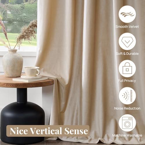 Champagne Beige Velvet Curtains 108 inches for Living Room Luxury Room Darkening Curtain Elegant Bedroom Thermal Insulated Modern Heavy Thick Soft Soundproof Rod Pocket Window Drapes Set of 2 Panels - color: Beige/Champagne, size: 52"W x 108"L (Pack of 2)