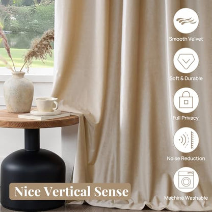 Champagne Beige Velvet Curtains 108 inches for Living Room Luxury Room Darkening Curtain Elegant Bedroom Thermal Insulated Modern Heavy Thick Soft Soundproof Rod Pocket Window Drapes Set of 2 Panels - color: Beige/Champagne, size: 52"W x 108"L (Pack of 2)