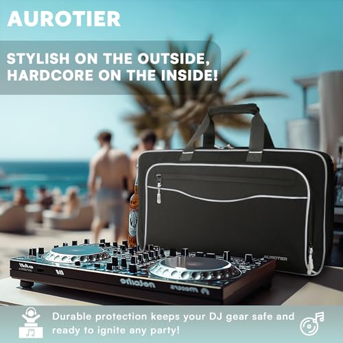 AUROTIER DJ Bag for DDJ-FLX4/DDJ 200/DDJ 400/DDJ REV1, Padded DJ Controller Crossbody Bag with 4 Pockets for 17.3 Inch Laptop, Cables, DJ Mixer Case with Adjustable Shoulder Strap for DJ Equipment - color: Grey