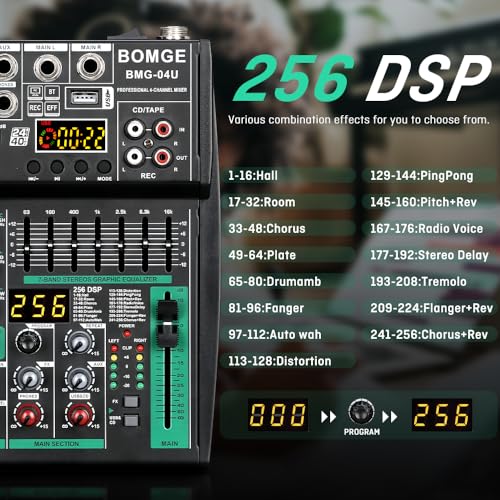 BOMGE Professional DJ audio mixer, 4 channel DJ mixer, Bluetooth sound mixer, supports USB/MP3/BT computer input,256DSP,48V phantom power suitable for DJ studio streaming recording