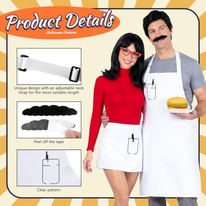 MOVINPE Burger Shop Couple Costume Set for Adults, Chef & Waitress Outfit with Aprons, Wig, Beard, Glasses & Hamburger Prop – Funny Restaurant-Themed Halloween Cosplay for Men & Women