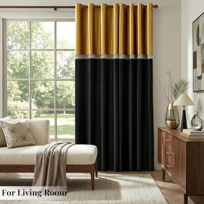 GIGIZAZA Velvet Curtains 90 Inch for Living Room 2 Panels Gold Black - color: Gold+black, size: 52"W x 90"L (Pack of 2)