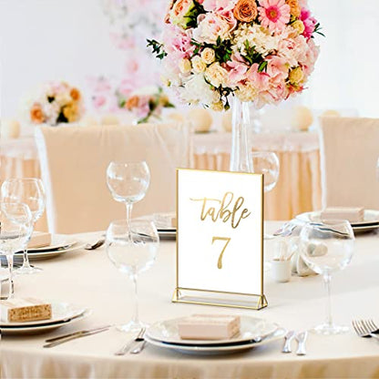 NIUBEE 5x7 Acrylic Sign Holder, Picture Frame, Wedding Table Numbers, 6pack | Vertical Stand, Gold Frames, Clear Double Sided, Gold Sign Holders Display for Menu Restaurant Signs, Photos, Party, Events - size: 5x7", style: Vertical