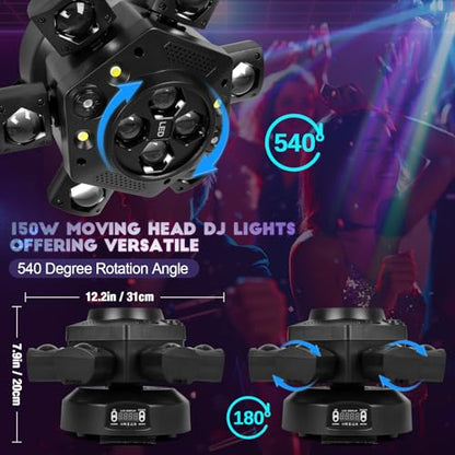 Moving Head DJ Lights-150W LED Stage Light 6 Arms Beam 4-in-1 RGBW | Red Green Starlight and White Amber Flashing Lights,Bee Eye Effect,DMX Controlled&Remote For DJ Parties/Disco/Dlubs/Weddings