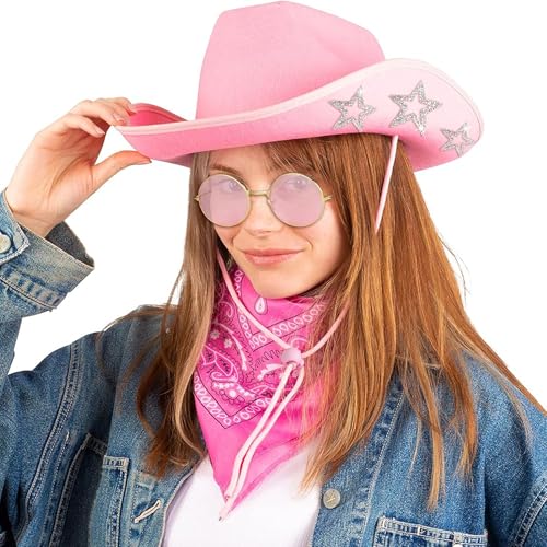 GIFIKOI Cowgirl Outfits Star Cowboy Hat Sparkly Boots Earrings Bandana Sunglasses for Women Western Costume Accessories - color: Pink