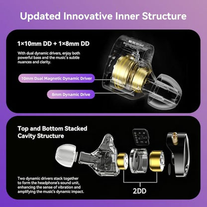 KZ Castor in Ear Monitor Headphones with Mic, HiFi Improved Bass Earphone Sound Tunable Noise Isolating IEMs, Dual-Dynamic Driver Wired Earbuds, 2PIN-C Detachable Cable for Singers Musicians - color: BassBlack, style: with Mic