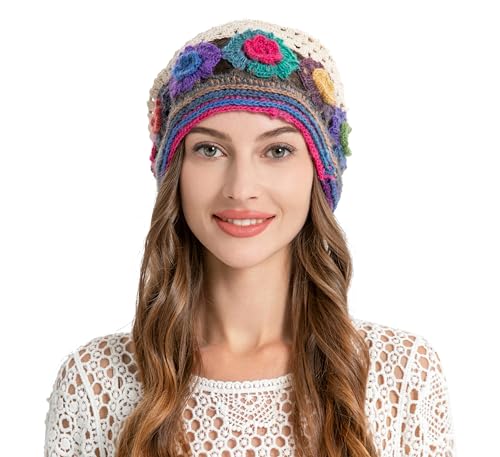 ZLYC Women Cotton Crochet Slouchy Beanie Hat Handmade Knit Summer Skull Cap | Lightweight breathable,boho casual chic look,travel photos festival party,café commute daily wear,beach concert gathering - color: Colorful Flower Beige