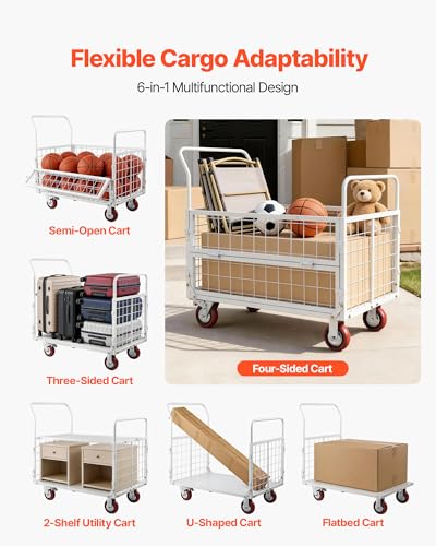 VEVOR Platform Truck Cart with Cage, 2000 lbs Capacity, 6-in-1 Foldable Flatbed Cart with Swivel Wheels, Heavy Duty Hand Truck, Multi-Functional Push Dolly, for Grocery Laundry, 44.5 x 26.6 x 42.1 in - size: 44.5 x 26.6 x 42.1 in/ 1130 x 675 x 1070 mm