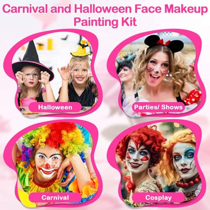 Professional Face Painting Kit for Kids and Adults – 54 Color Water Activated Cosplay Makeup Kit, Non-Toxic Body Paint with Stencils, Gems, Brushes– for Halloween FX, Bday Parties, School Event