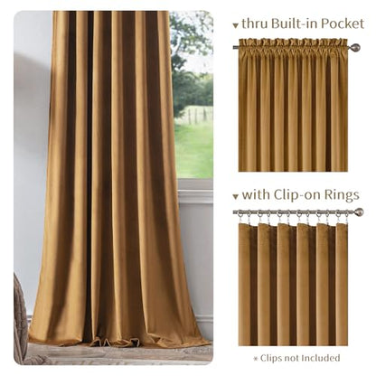 FMFUNCTEX Velvet Blackout Curtains Gold Brown Thermal Insulated Curtains for Bedroom Living Room Darkening Curtains 84 Inches Long Soft Luxury Heavy Rod Pocket Brown Drapes Dining Room 2 Panels Set - color: Gold Brown, size: 52"W x 84"L (Pack of 2)