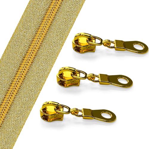 Sawoake 10 Yards Bulk Zipper(#5), Gold Nylon Coil Zipper with Gold Teeth by The Yards, Replacement Sewing Zipper with 10PCS Zipper Sliders for DIY Sewing Craft Bags(#5 Gold Gold) - color: Gold-SpunGold