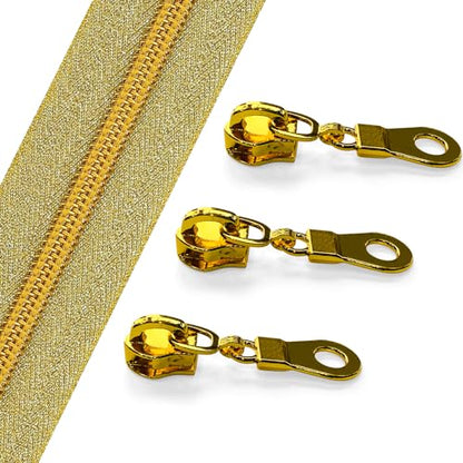 Sawoake 10 Yards Bulk Zipper(#5), Gold Nylon Coil Zipper with Gold Teeth by The Yards, Replacement Sewing Zipper with 10PCS Zipper Sliders for DIY Sewing Craft Bags(#5 Gold Gold) - color: Gold-SpunGold