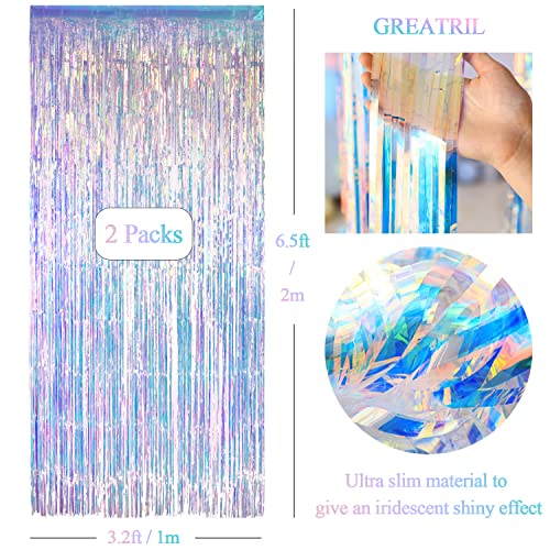 Iridescent Party Streamers Backdrop - GREATRIL Neon Transparent Holographic Tinsel Foil Fringe Curtain for Mermaid/Frozen/Sea/Euphoria/ERAS Party Theme Decorations 3.2ft x 6.5ft 2 PCS | GREATRIL Neon Transparent Holographic Tinsel Foil Fringe Curtain for