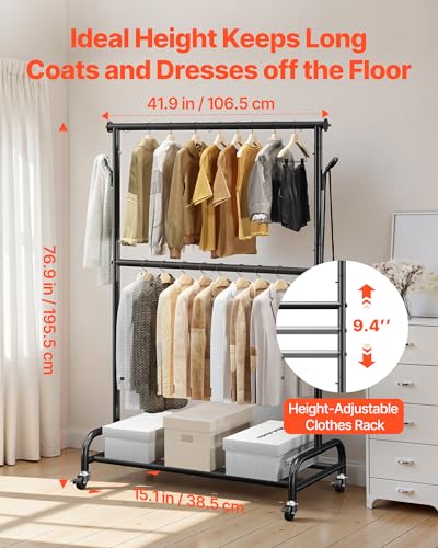 VEVOR Clothes Rack, Rolling Clothing Garment Rack with Adjustable Crossbar and Side Hooks, 150 lbs Load Capacity, Heavy Duty Carbon Steel Clothing Racks with Wheels for Bedroom, Laundry, Living Room