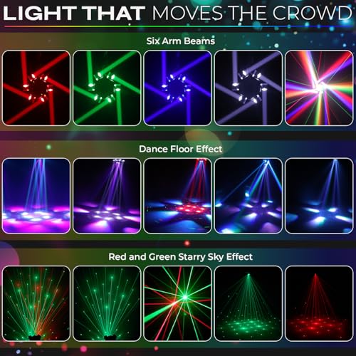 150W 6-Arm Spider Bee-Eye Moving Head LED DJ Light | 4-in-1: 6 moving RGBW beams, 4 center bee-eye wash lights, R/G starry laser, white/amber strobe, sound active, 24CH DMX