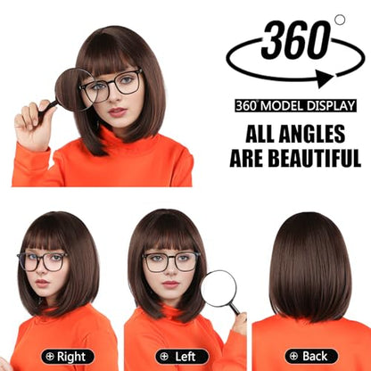 Brown Bob Wig Short Brown Wigs for Costume Women Halloween Cosplay | Straight Brown Bob Wig with Bangs Natural Cute Wigs for Daily Costume Party - color: Brown / Bob