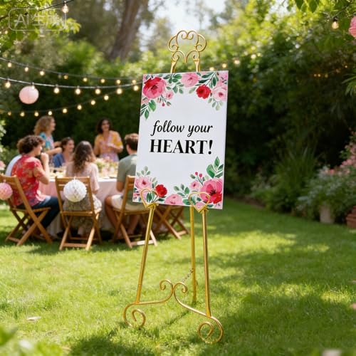 Gold Easel,Golden Adjustable Display Easel Stand with Chain for Sign, Painting, Artwork, Picture Frames, Wedding & Shower Signage and More