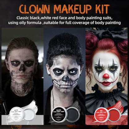 White Black Red Oil Face Body Paint Set,Halloween Joker Clown Makeup Kit with 3 Brushes,Professional Black White Red Face Body Painting Kit for Halloween, Sfx Makeup, Theater - color: Black White Red