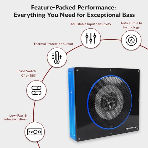 Rockville RW8CA 8" Low Profile Under-Seat Active Powered Car Subwoofer | 150W RMS/600W Peak, Bass Knob Included, Sealed Enclosure, 2.7" Slim, Auto Turn-On, Adjustable Low-Pass Filter, RCA Input - style: 8 Inch