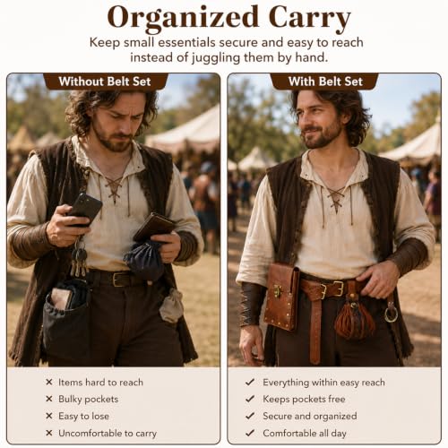 Renaissance Belt Pouch Set, Medieval Viking Pirate Leather Bag, Steampunk Waist Bag Skirt Hike Set, Halloween Cosplay Costume Accessories for Men Women (Brown) - color: Brown