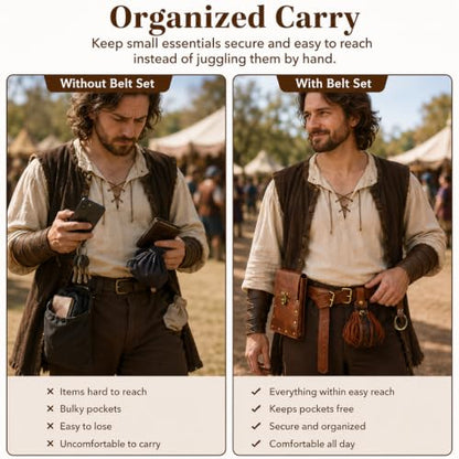 Renaissance Belt Pouch Set, Medieval Viking Pirate Leather Bag, Steampunk Waist Bag Skirt Hike Set, Halloween Cosplay Costume Accessories for Men Women (Brown) - color: Brown