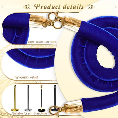 6PCS Blue Velvet Stanchion Rope 5 Ft Crowd Control Ropes Barrier with Gold Hooks for Party - color: Blue&Gold, size: 6PCS