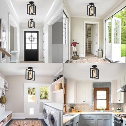 2 Pack Semi Flush Mount Ceiling Light,Black Metal Frame Ceiling Light Fixture with Golden Lamp Cup, Farmhouse Light Fixture for Kitchen Island Entryway Porch Foyer - color: Black Gold