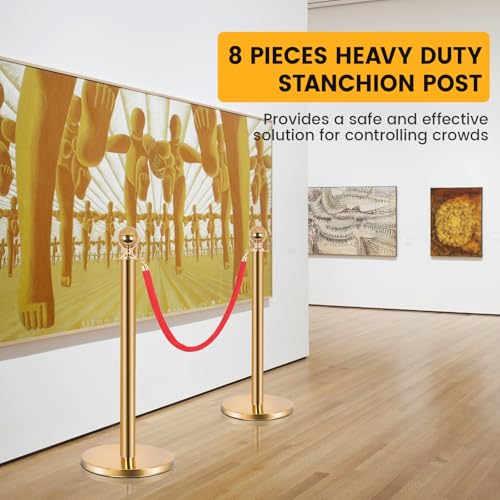 8-Pack Stainless Steel Stanchions and Velvet Ropes (6 Red 5ft), Sand-Filled Crowd Control Barriers for Weddings, Exhibitions, Events(Gold) - color: Gold, size: 8-Pack