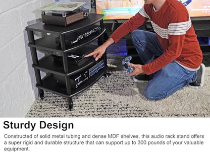 Rockville FLX Black Adjustable Height 4 Shelf Home Theater Audio Rack Stand, 24"x18", 300lb Limit, Steel Tubes, Perfect for Home Theaters, Studios | 300 lb Capacity, 24"x18" MDF Shelves, Expandable, Lockable Casters, Carpet Spikes, Rubber Feet, Open-Air V