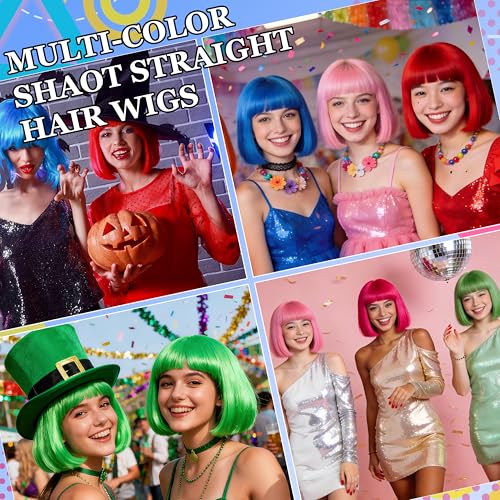 Short Bob Straight Hair Wigs with Bangs, Heat Resistant Fiber Hair, Heart-shaped Glasses for Women (Sky Blue) - color: Sky Blue