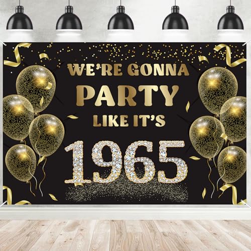 We’re Gonna Party Like It’s 1965 Birthday Banner Backdrop, Cheer to 61 Years Birthday Banner 61st Birthday Party Supplies for Men Women Photography Decorations Black and Gold Glitter Favors - size: 1965