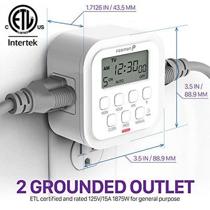 Fosmon 7 Day Digital Timers for Electrical Outlets, Indoor Plug-in Light Timers Switch Programmable, Electric Wall Plug for Lamp, Grow Reptile Lights, Aquarium, 15A/1875W, Grounded - style: 7 Day Timer With Random Function 1 pack