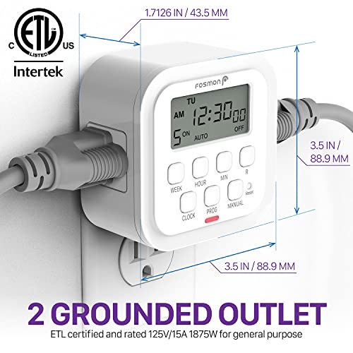 Fosmon 7 Day Digital Timers for Electrical Outlets, Indoor Plug-in Light Timers Switch Programmable, Electric Wall Plug for Lamp, Grow Reptile Lights, Aquarium, 15A/1875W, Grounded- 2 Pack - style: 7 Day Timer with Random Function - 2 Pack