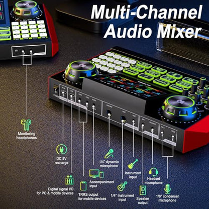 Podcast Equipment Bundle with Audio Mixer Sound Card and Podcast Microphone, Compatible with PC and Mobile Phones for Live Streaming, Singing, Recording, and Content Creation