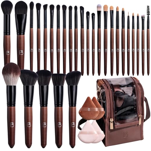 BS-MALL Professional Makeup Brush Set 28 Pcs With Travel Makeup Bag,Concealer Brush, Foundation Brush, Blush Brush, 4 Pcs Triangle Puff & makeup sponges for Flawless beauty on the Go