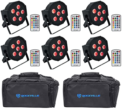Rockville Battery PAR 6RF RGBWA+UV Wireless DMX LED Light 6-Pack with Bags | 15-Hour Rechargeable Battery, 5000mAh, 6x6W RGBWA+UV LEDs, Wireless DMX, RF Remote, Strobe, 2 RLB80 Bags, 8-Items