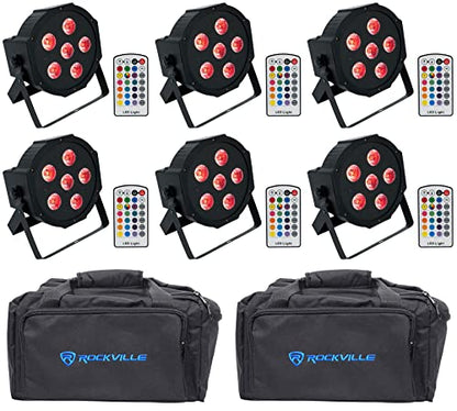 Rockville Battery PAR 6RF RGBWA+UV Wireless DMX LED Light 6-Pack with Bags | 15-Hour Rechargeable Battery, 5000mAh, 6x6W RGBWA+UV LEDs, Wireless DMX, RF Remote, Strobe, 2 RLB80 Bags, 8-Items