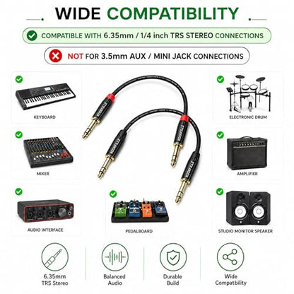 1/4 Inch TRS Balanced Cable 1 Foot (2-Pack) Male to Male - 20AWG OFC Professional Audio Patch Cable with 24K Gold-Plated Connectors for Studio Monitor, Audio Interface, DJ Mixer, Amplifier