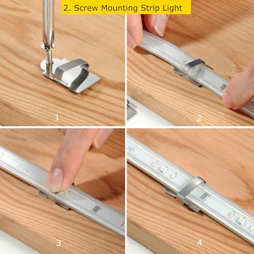 100Pack Two Fixation LED Strip Light Holder Clips for 10-17mm Width IP67/68 | Self Adhesive LED Strip Mounting Clip LED Light Holder Clips LED Tape Light Mounting Bracket With Screws - color: Silver