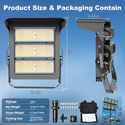 112500LM Led Stadium Light Dimmable 0-750w Super Bright Daylight | Led Arena Flood Lights Outdoor 100-277v 5000k Yoke U Mount IP66 Waterproof Sportcourt Light Commercial for Square Golf Port - size: Extra Large/750/Dimmable
