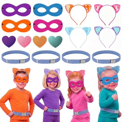 Eurzom 16 Pcs Kitties Costume Kitty Show Costume Cat Cosplay Accessories with Headbands, Mask, Heart Stickers, Blue Belts, for Halloween Cosplay Outfit Fancy Dresses Birthday Party Decoration Supplies