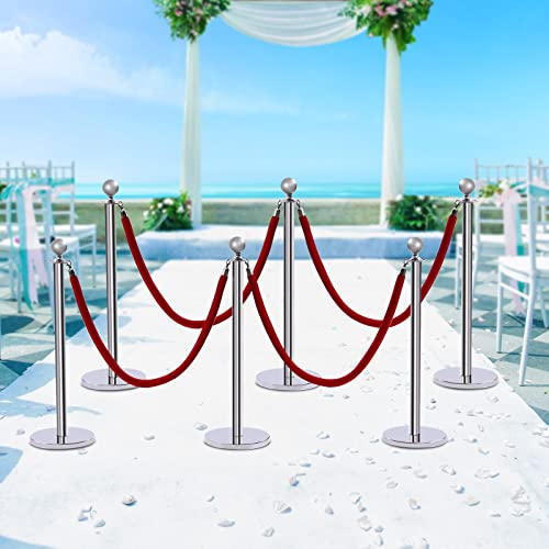 6PCS Stanchions and Velvet Ropes,4 Red 4.92" L Velvet Ropes and 37.4" H Stainless Steel Posts with Hollow Base, Crowd Control Barriers Stanchions, Carpet Runner Poles for Party Supplies,Sliver - color: Sliver