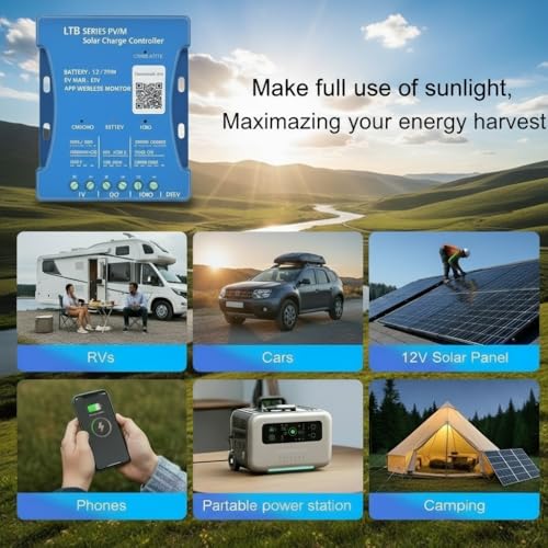 Solar Charge Controller 20A with Bluetooth – 12V/24V Auto Detect, LCD Display & USB Port, Compatible LiFePO4 Lithium Gel AGM Sealed, Monitor via LM Solar App (iOS/Android), 3-Stage Charging