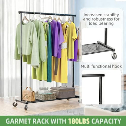 Ekisemio Clothes Rack for Hanging Clothes, 64.25 Inch Clothing Racks with Wheels, Portable Rolling Clothes Garment Rack for Bedroom, Laundry, Living Room, Black - style: Modern